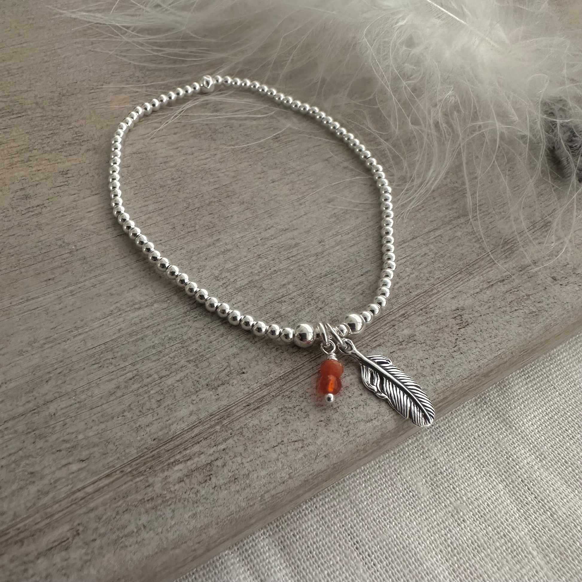 Stretch Feather Birthstone Charm Bracelet, Dainty Layering Sterling Silver bracelet with feather