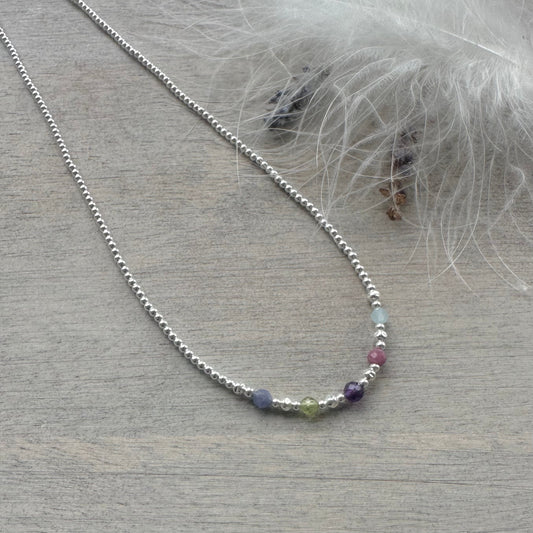 Sterling Silver Multiple birthstone Beaded Necklace, Family Birthstone Jewellery Gift for Mum for Mother’s Day