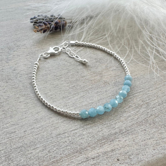 Aquamarine March Birthstone Bracelet, dainty stacking bracelet in sterling silver nft