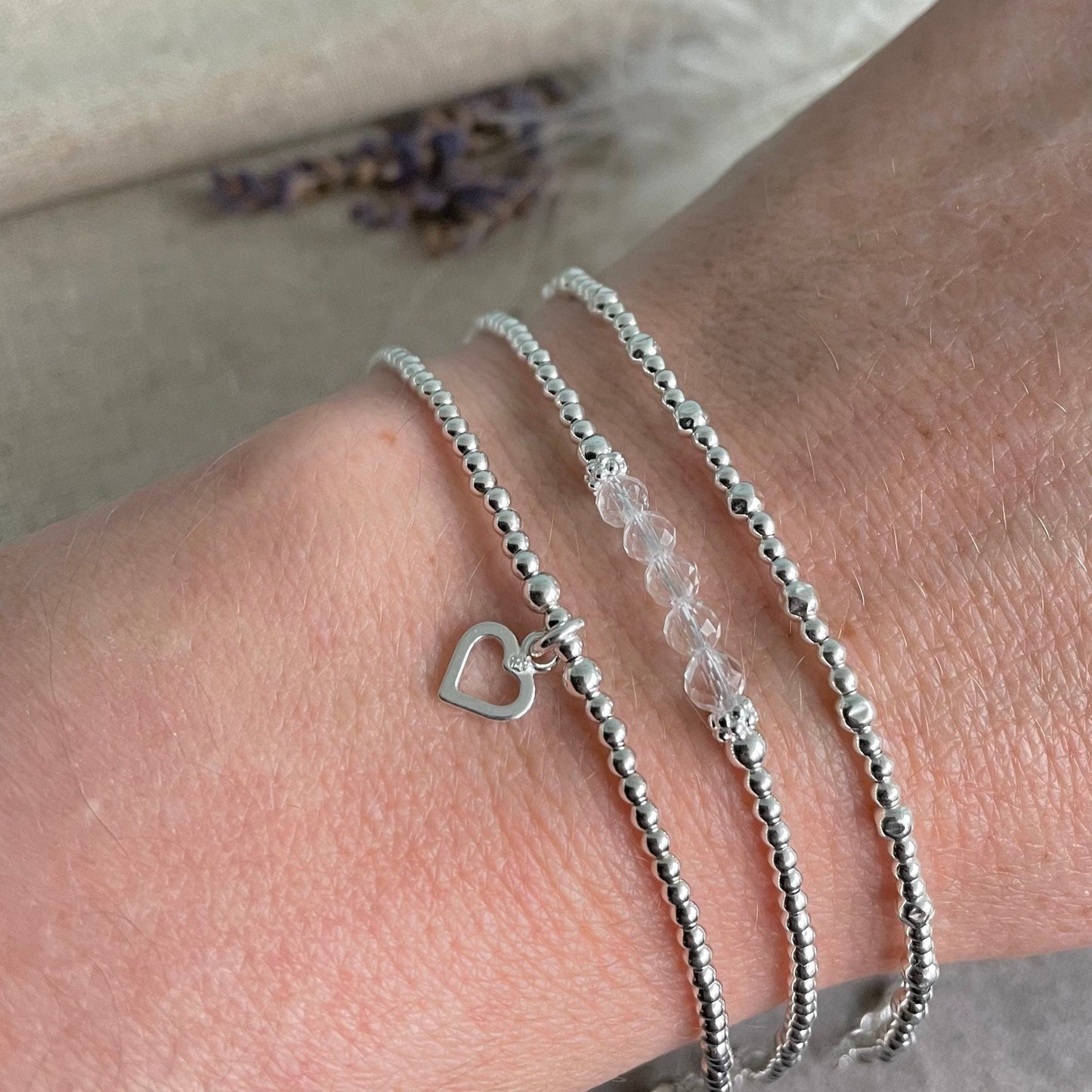 A Dainty April Birthstone Rock Quartz Bracelet Set, April Stacking Bracelets for Women in Sterling Silver