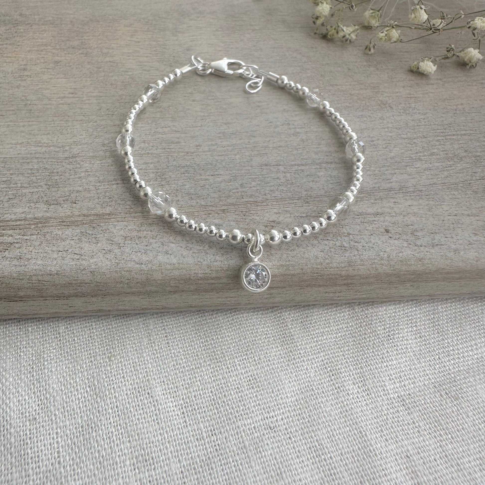 Dainty April Birthstone Bracelet with Cubic Zirconia or crystal Sterling Silver, birthstone bracelets
