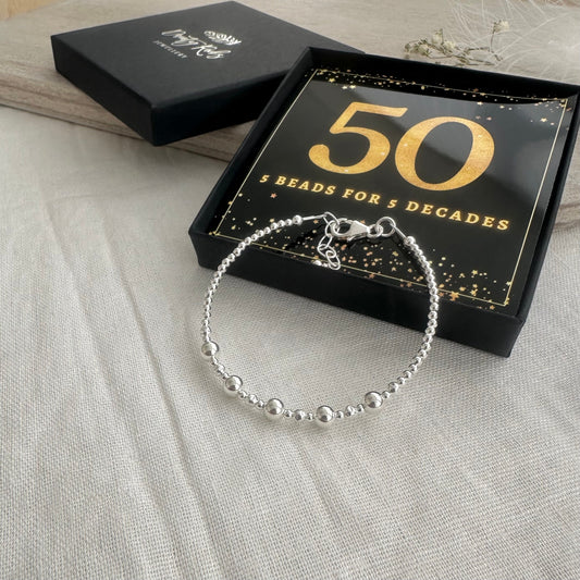 50th Birthday Gift 5 Beads 5 Decades Bracelet, Jewellery Gift for Her 50th in Sterling Silver
