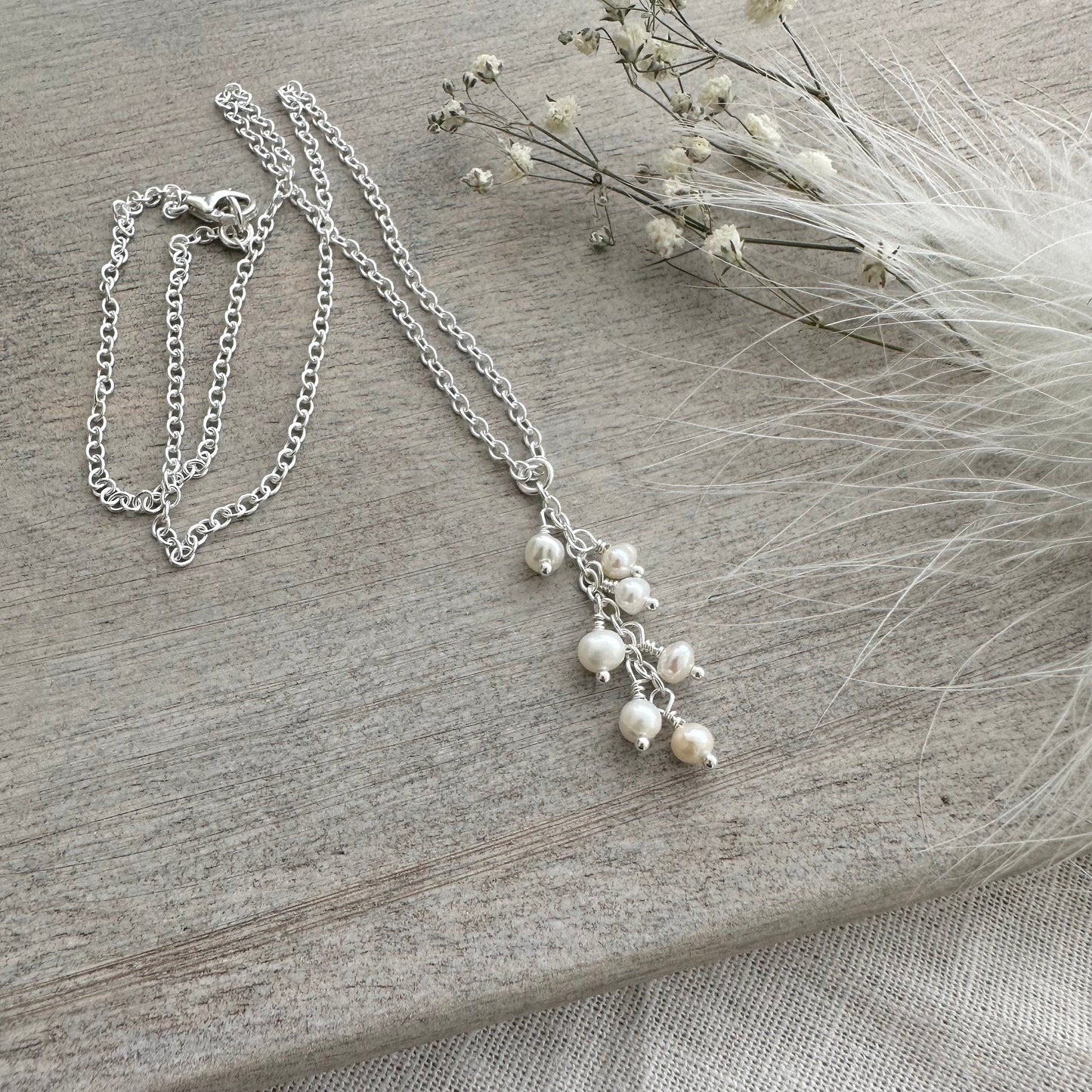 Dainty Pearl Cascade Necklace Sterling Silver, June Birthstone made to order