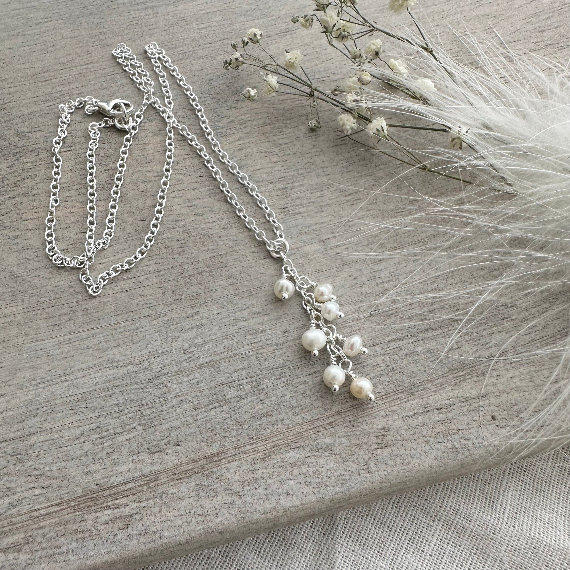 Dainty Pearl Cascade Necklace Sterling Silver, June Birthstone made to order