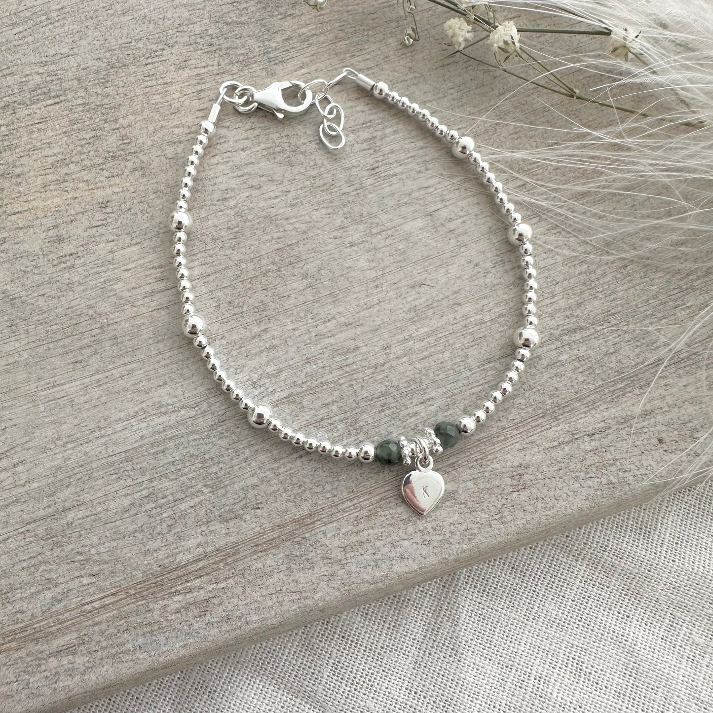 Personalised Emerald Bracelet, Dainty May Birthstone Jewellery in Sterling Silver