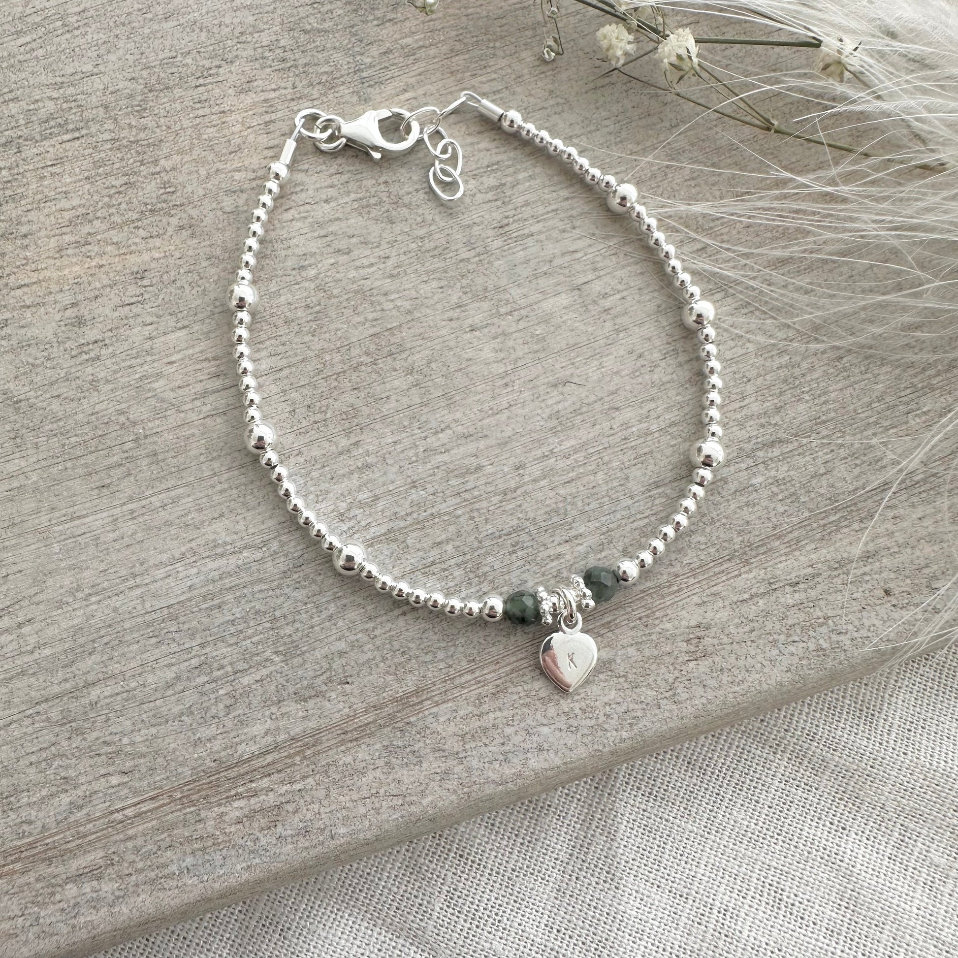 Personalised Emerald Bracelet, Dainty May Birthstone Jewellery in Sterling Silver