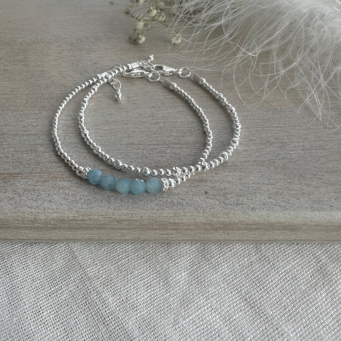Two Stacking Bracelet Set with aquamarine, March Birthstone
