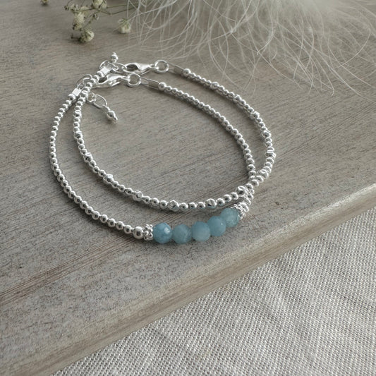 Two Stacking Bracelet Set with aquamarine, March Birthstone