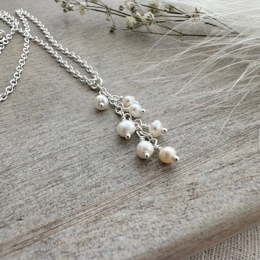 Dainty Pearl Cascade Necklace Sterling Silver, June Birthstone made to order