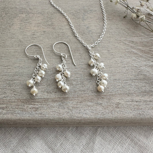 Dainty Pearl Necklace Earring Set for birthday, June Birthstone and Sterling Silver Made to order jewellery gift for women