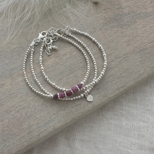 Personalised July Birthstone dark Ruby Bracelet Set, Dainty Sterling Silver Stacking Bracelets for Women
