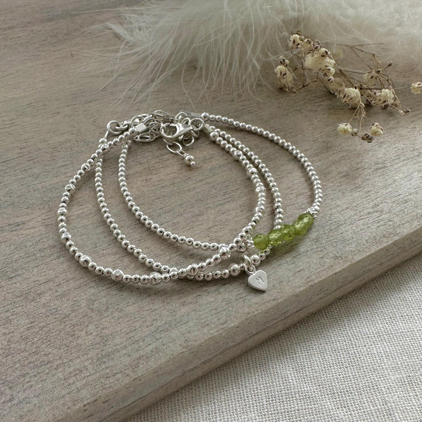 Dainty Personalised August Birthstone Peridot Bracelet Set, Dainty Sterling Silver Stacking Bracelets for Women