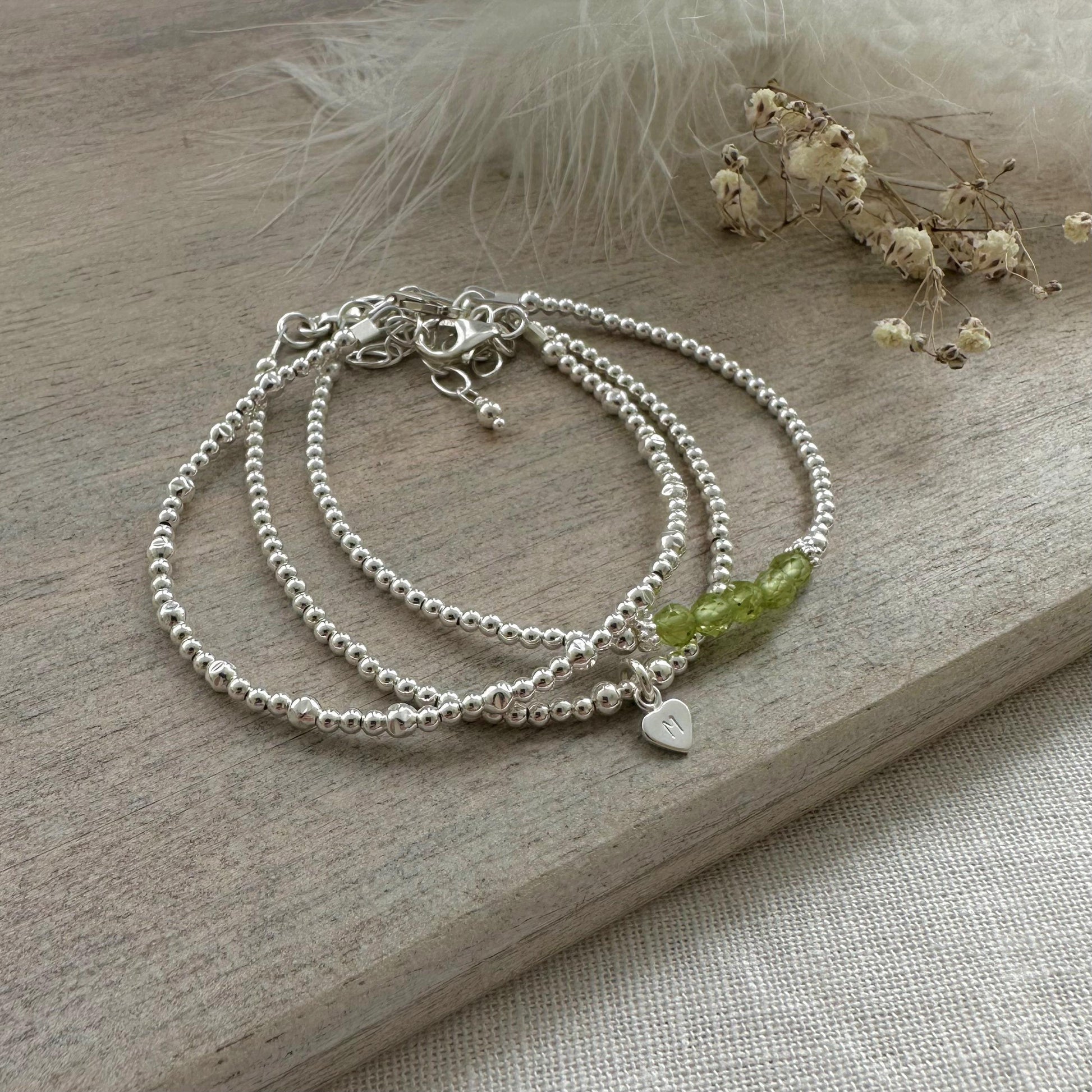 Dainty Personalised August Birthstone Peridot Bracelet Set, Dainty Sterling Silver Stacking Bracelets for Women
