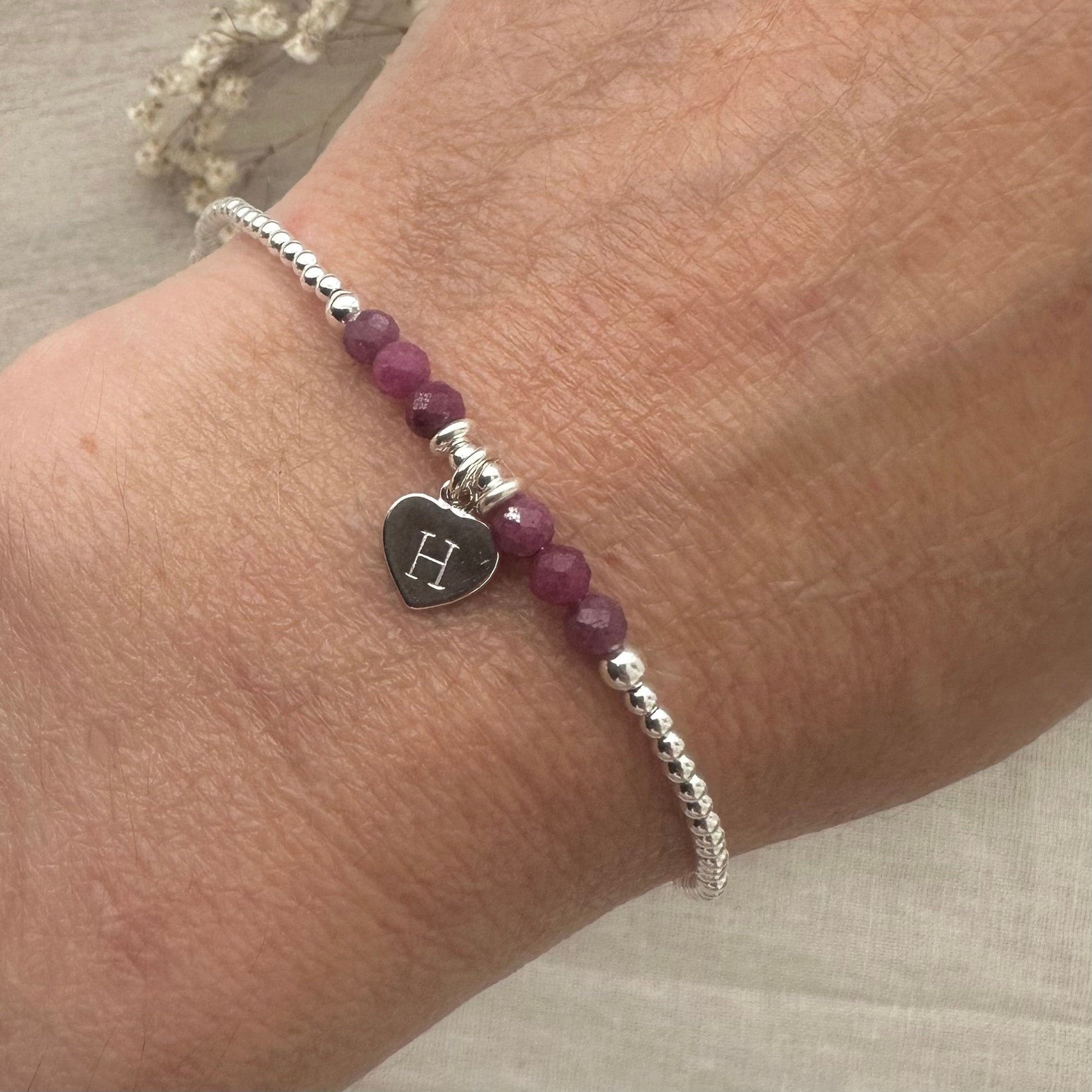 Personalised July Birthstone Bracelet, Dainty Ruby Bracelet in Sterling Silver