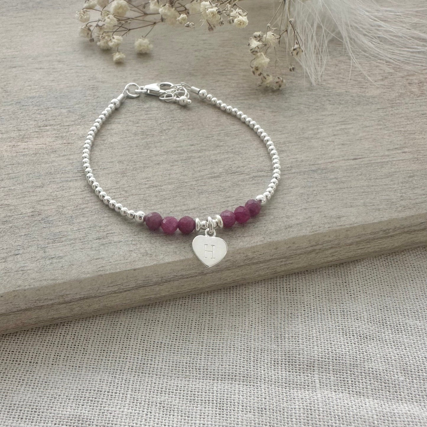 Personalised July Birthstone Bracelet, Dainty Ruby Bracelet in Sterling Silver