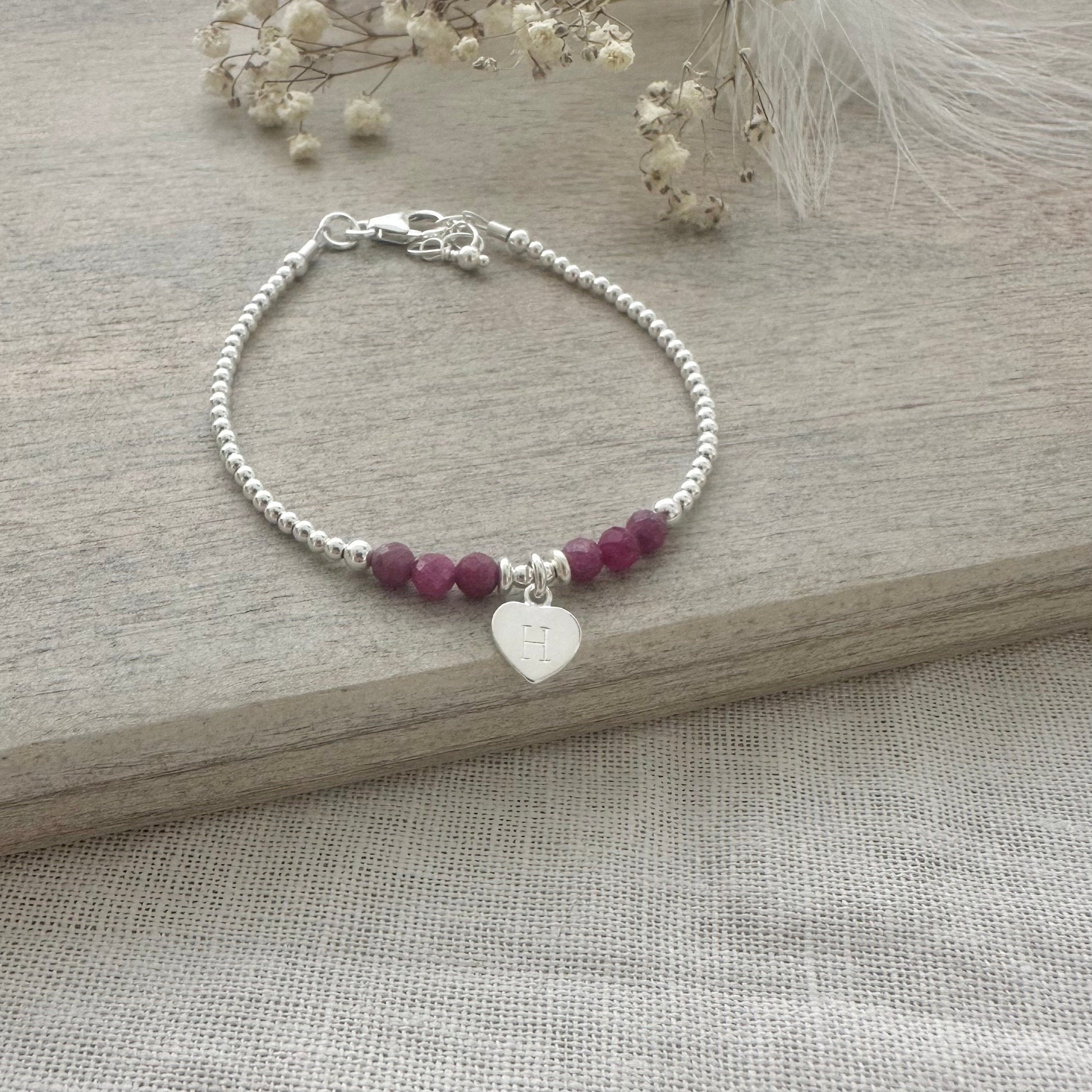 Personalised July Birthstone Bracelet, Dainty Ruby Bracelet in Sterling Silver