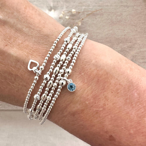 5 Bracelet Stack with Crystal Birthstone, Heart Bracelet Set in Sterling Silver