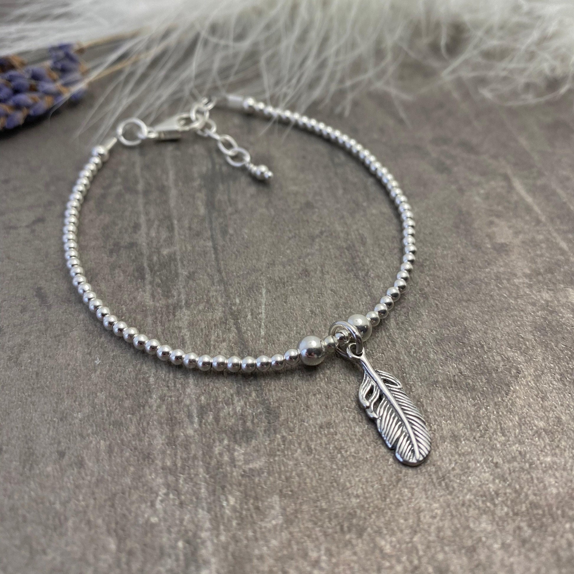 Dainty Silver Feather Bracelet, Sterling Silver Charm Bracelet with Feather