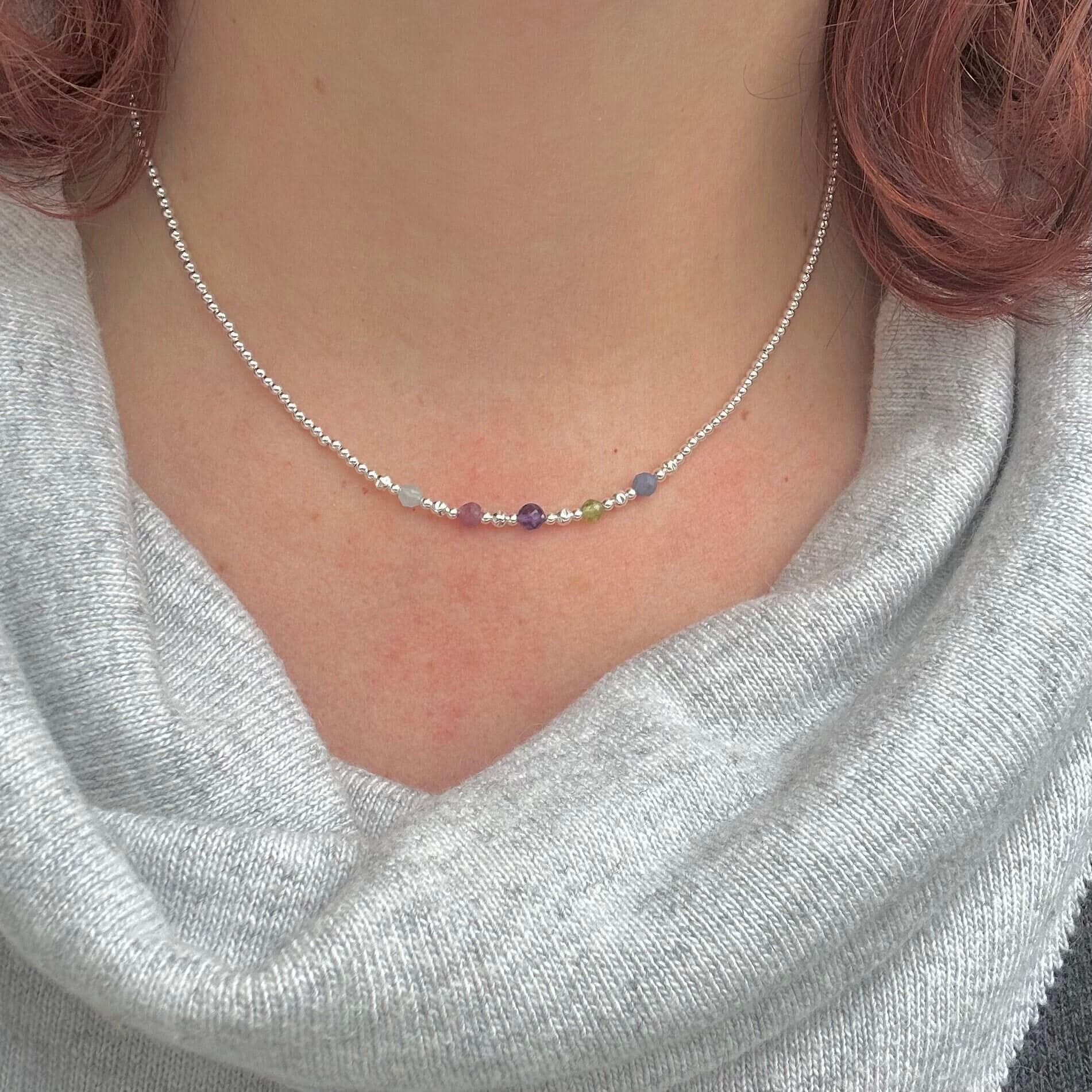 Sterling Silver Multiple birthstone Beaded Necklace, Family Birthstone Jewellery Gift for Mum for Mother’s Day
