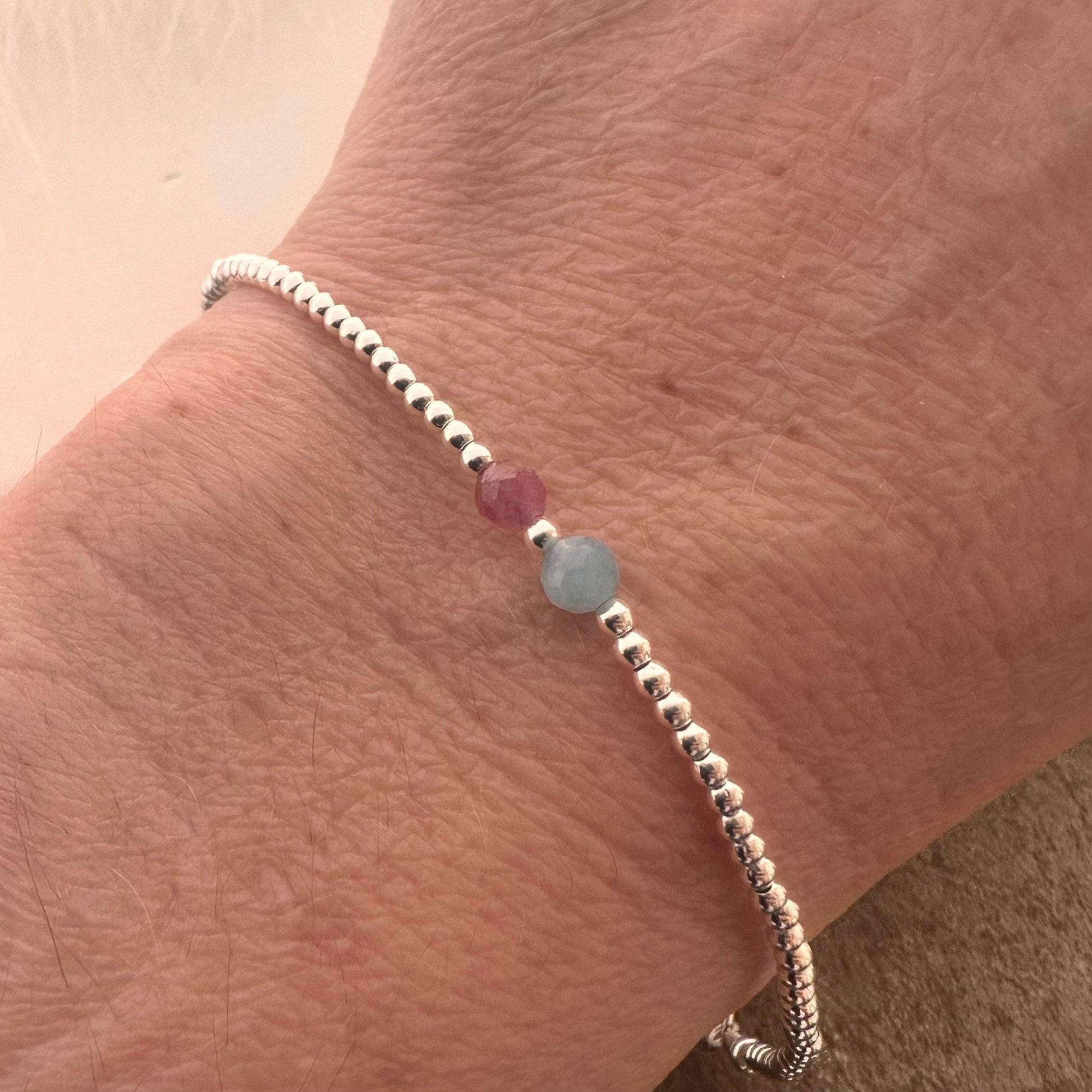 Two Birthstones Valentines Day Bracelet , for women in Sterling Silver, His and Hers Birthstone Bracelet