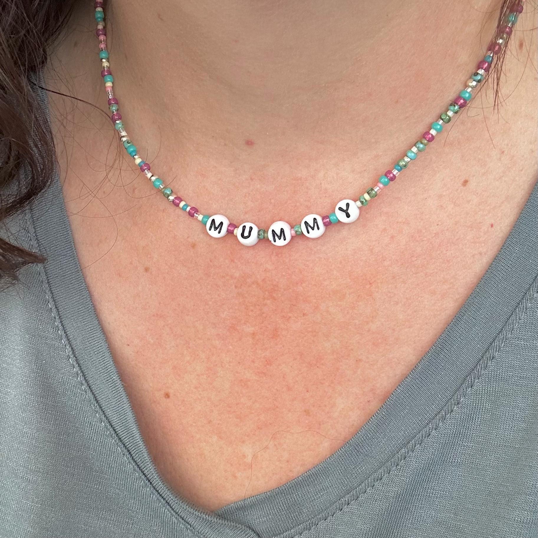 MUMMY Beaded Necklace, Mummy Gift for Christmas or Birthday with glass letter beads in sterling silver