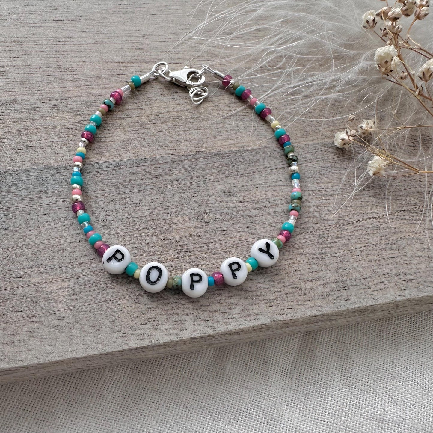 Personalised Beaded Name Bracelet, Birthday Gift for Girls with glass letter and seed beads