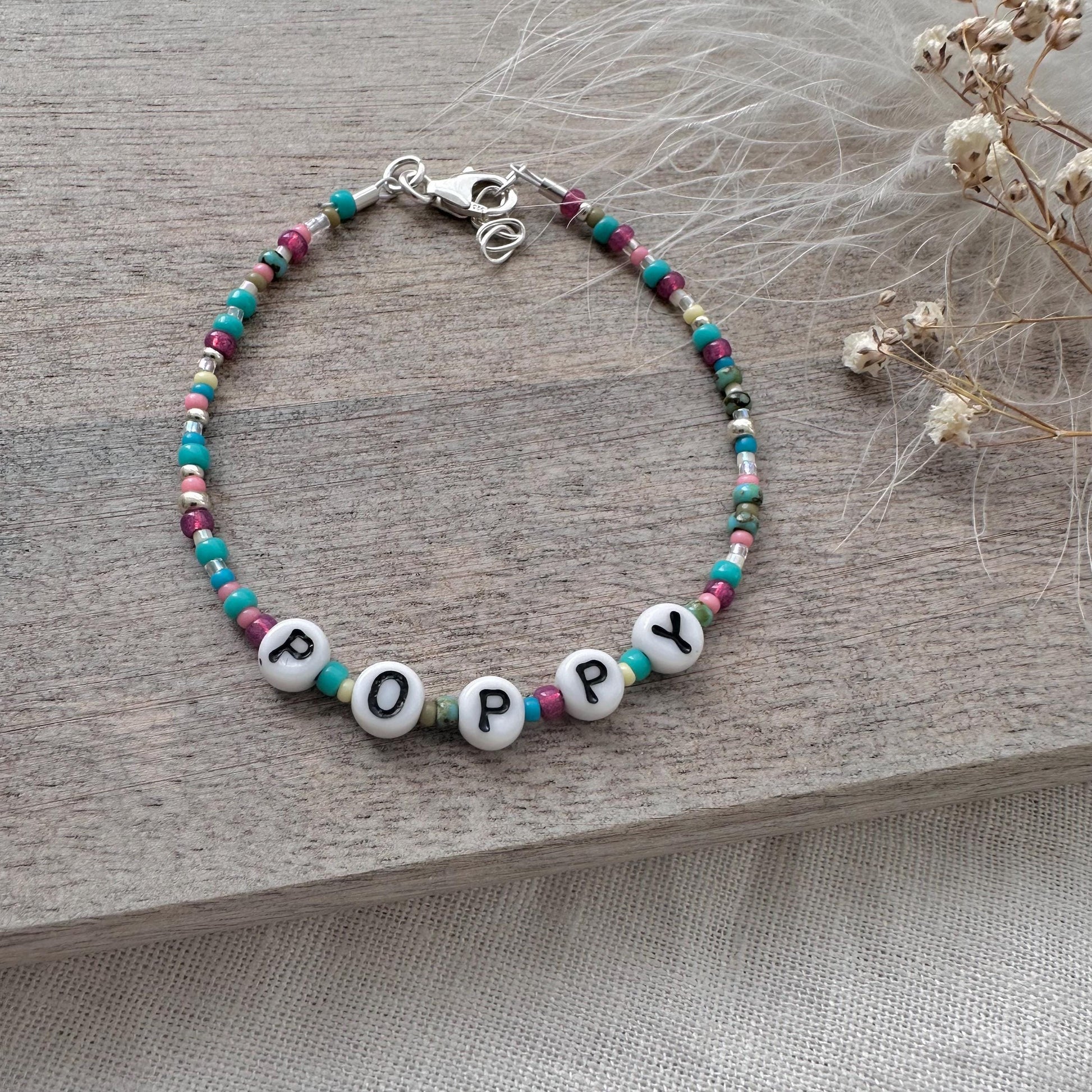 Personalised Beaded Name Bracelet, Birthday Gift for Girls with glass letter and seed beads