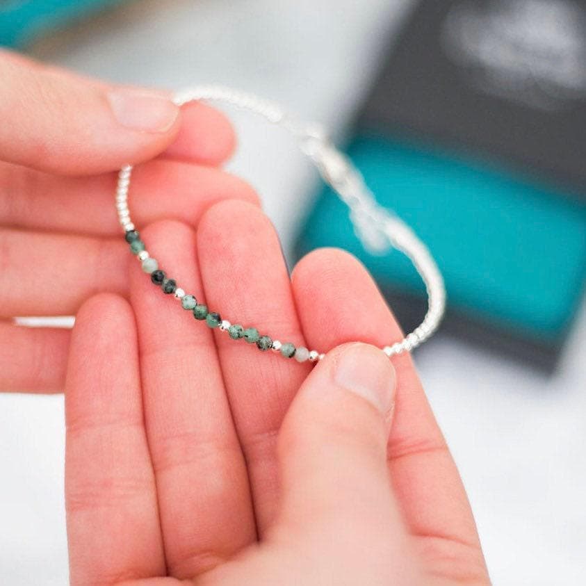 Dainty Green Emerald Bracelet in Sterling Silver, May Birthstone