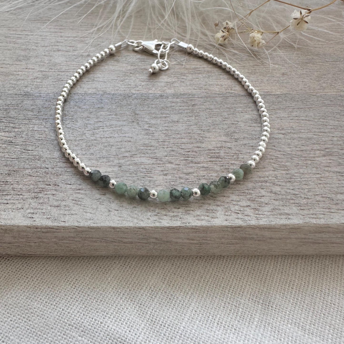 Dainty Green Emerald Bracelet in Sterling Silver, May Birthstone