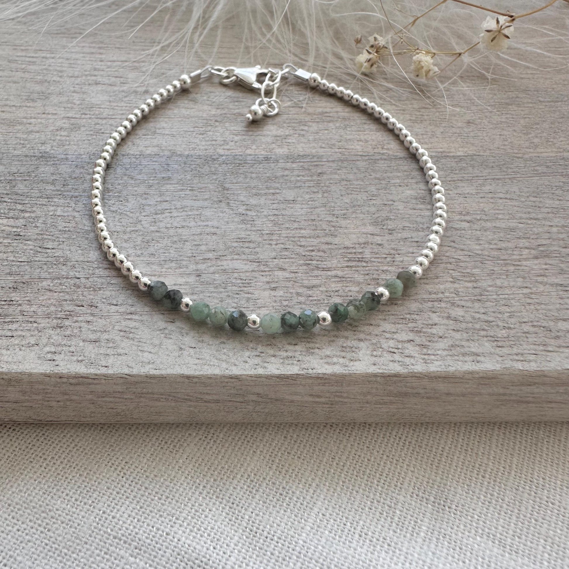 Dainty Green Emerald Bracelet in Sterling Silver, May Birthstone