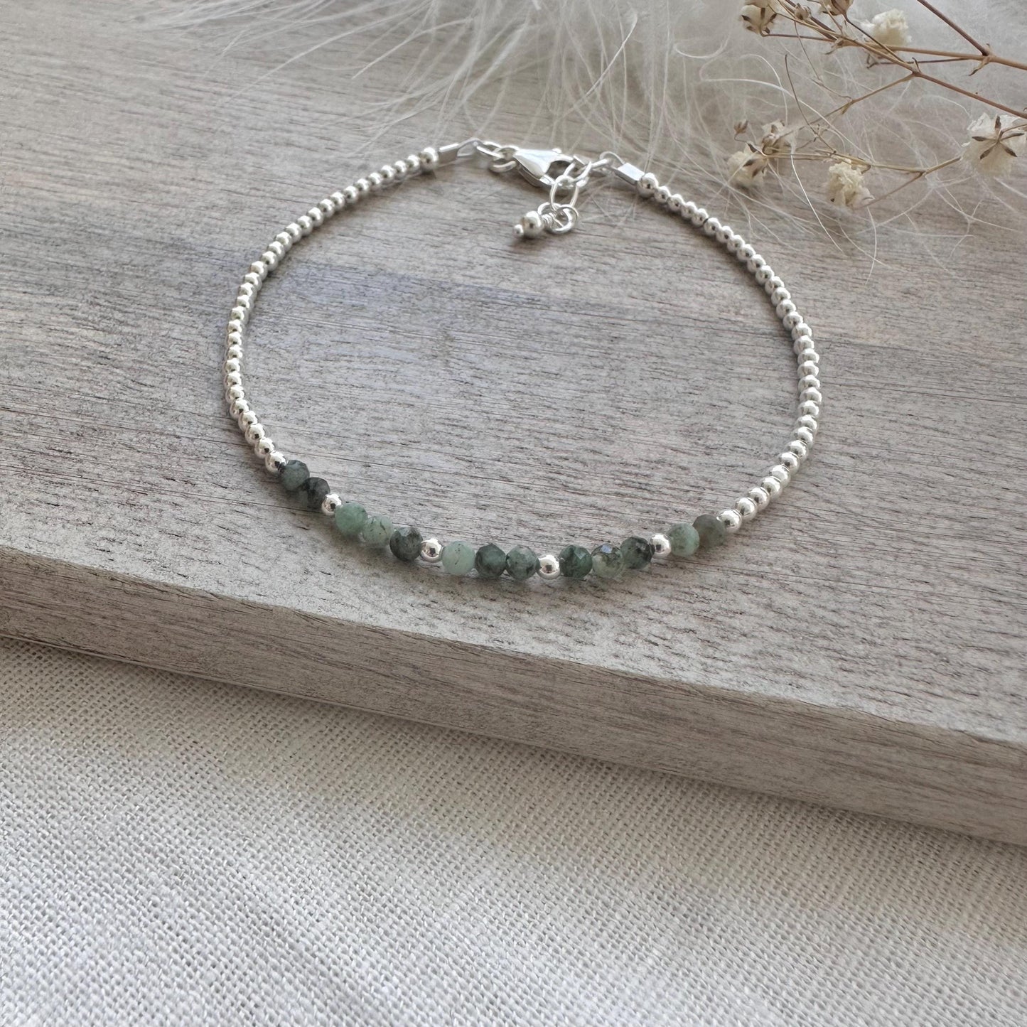 Dainty Green Emerald Bracelet in Sterling Silver, May Birthstone