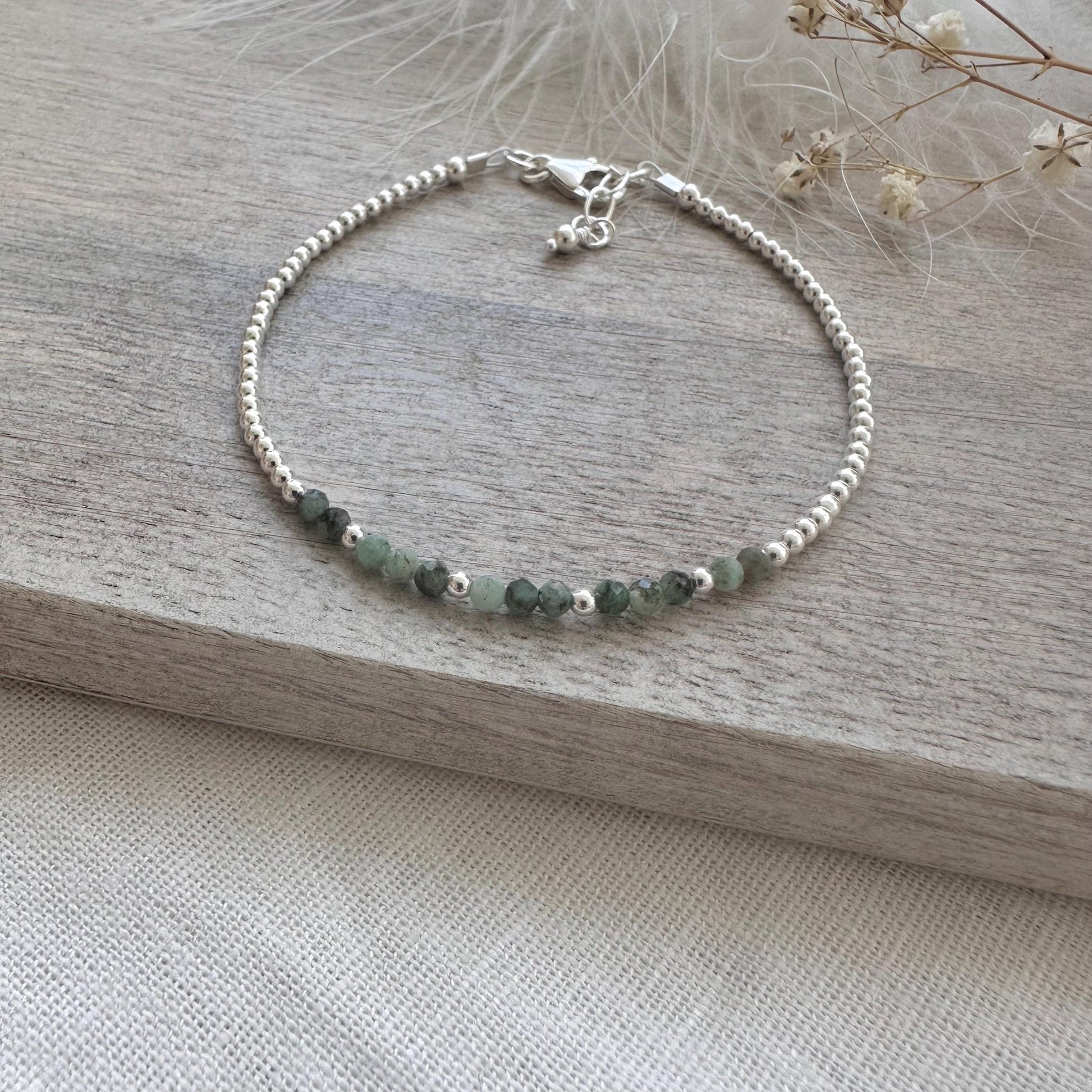 Dainty Green Emerald Bracelet in Sterling Silver, May Birthstone