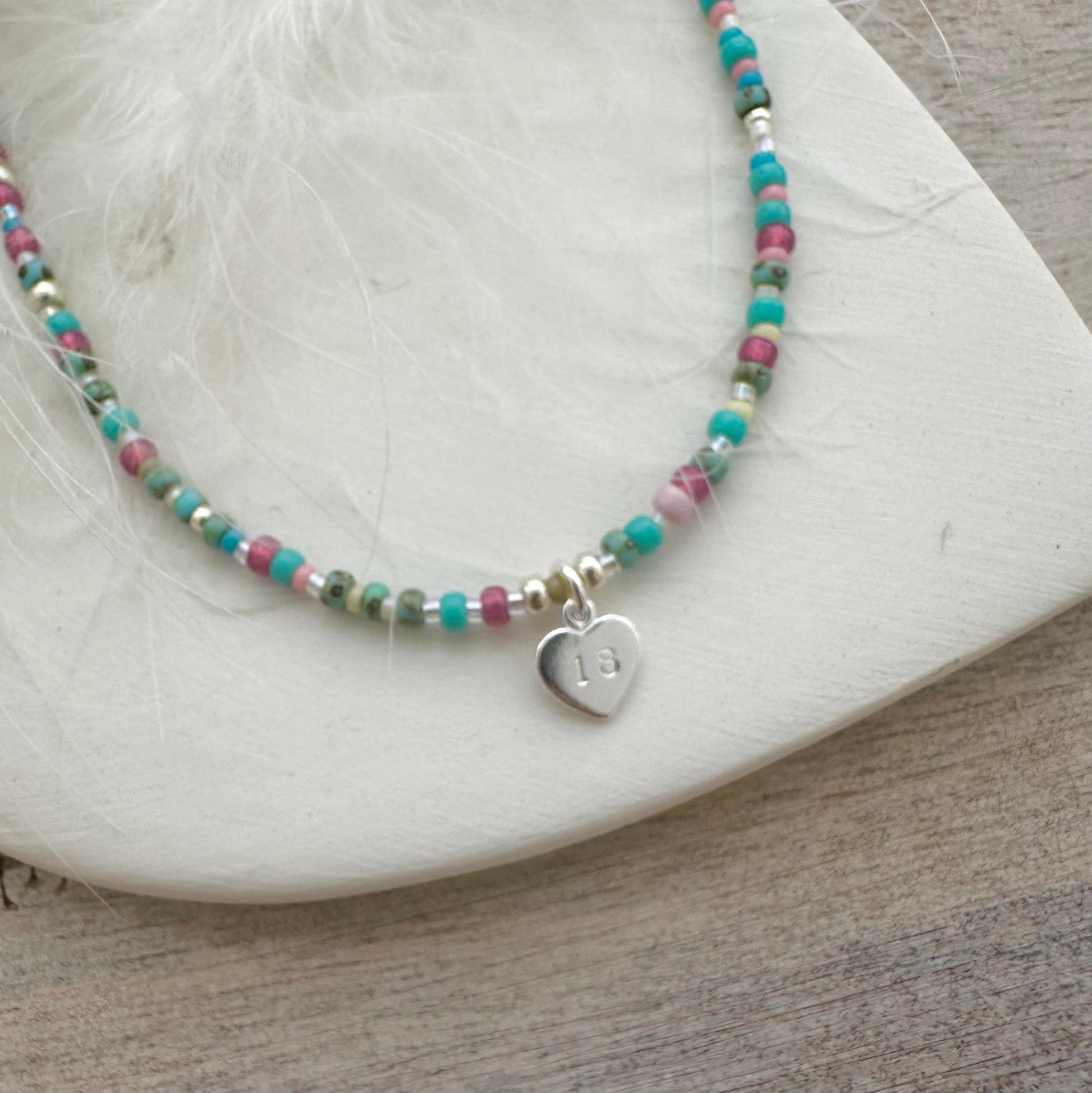 Glass Beaded Necklace with Age Charm 16th 18th 21st 30th 40th 50th 60th Milestone Birthday Jewellery with seed beads