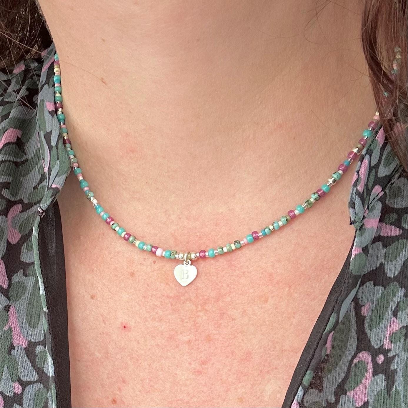 Initial Glass Beaded Necklace with Letter Charm, Personalised Jewellery for Ladies with seed beads