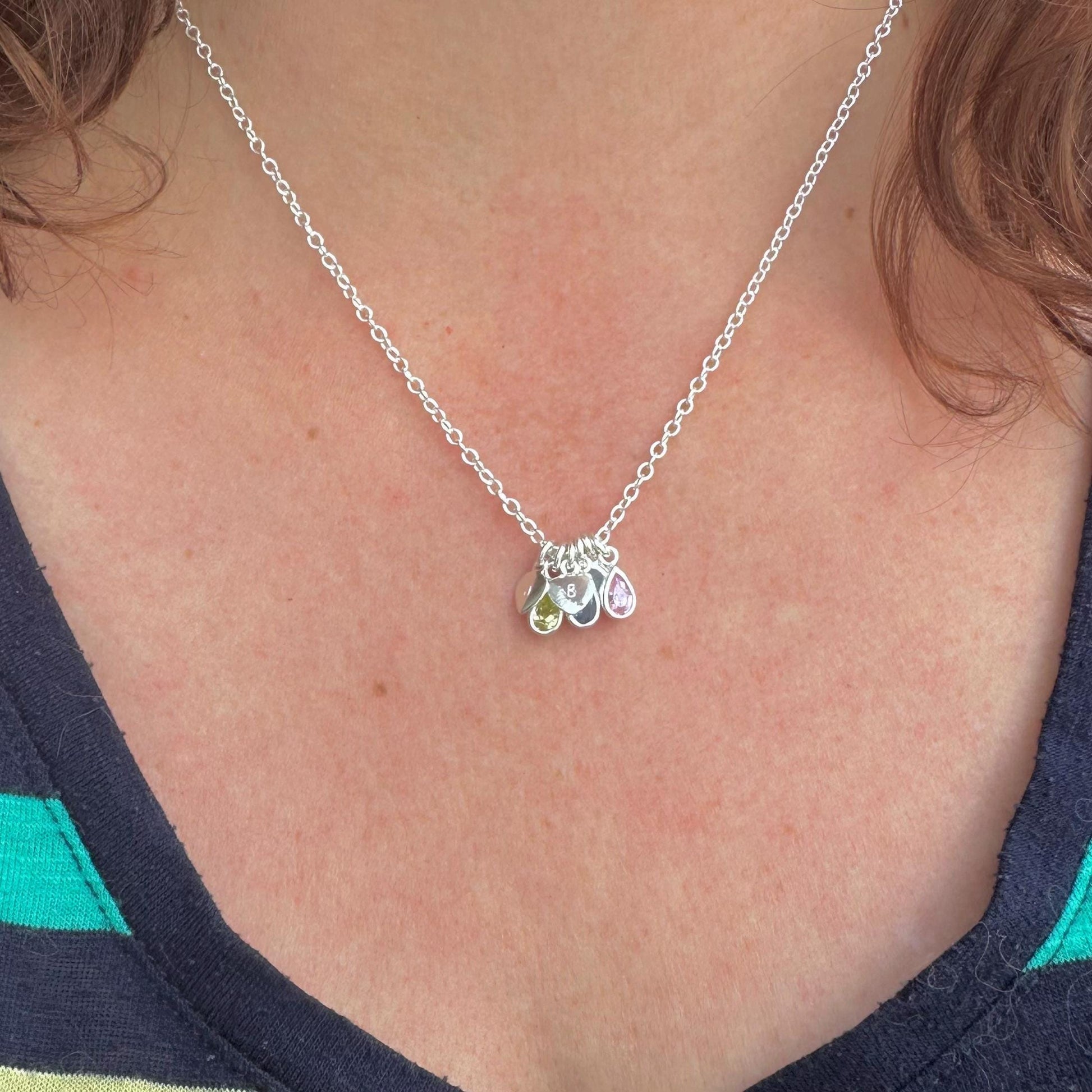Dainty Personalised Cubic Zirconia Birthstone Charm Necklace with Initials, Sentimental Gift for Mum