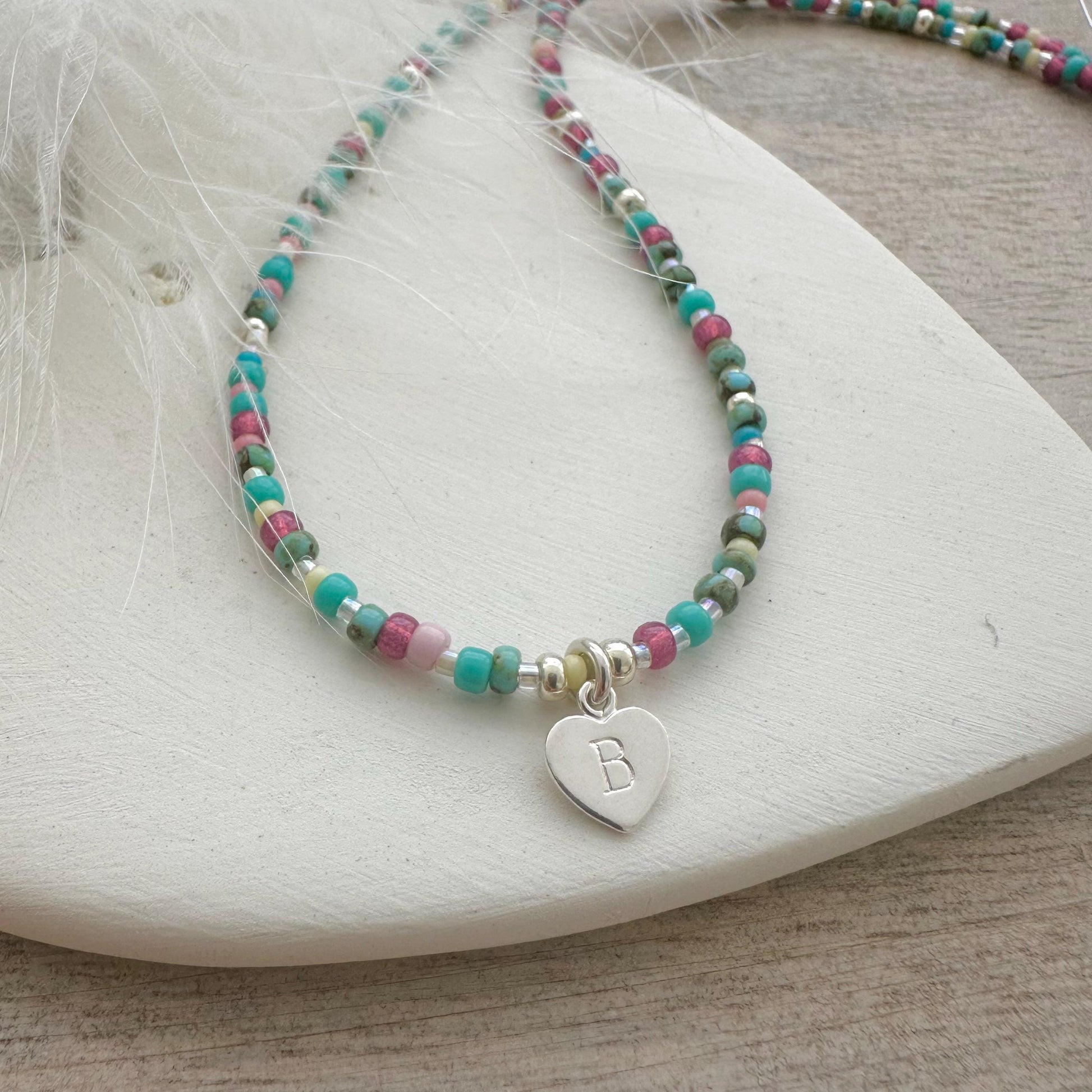 Initial Glass Beaded Necklace with Letter Charm, Personalised Jewellery for Ladies with seed beads