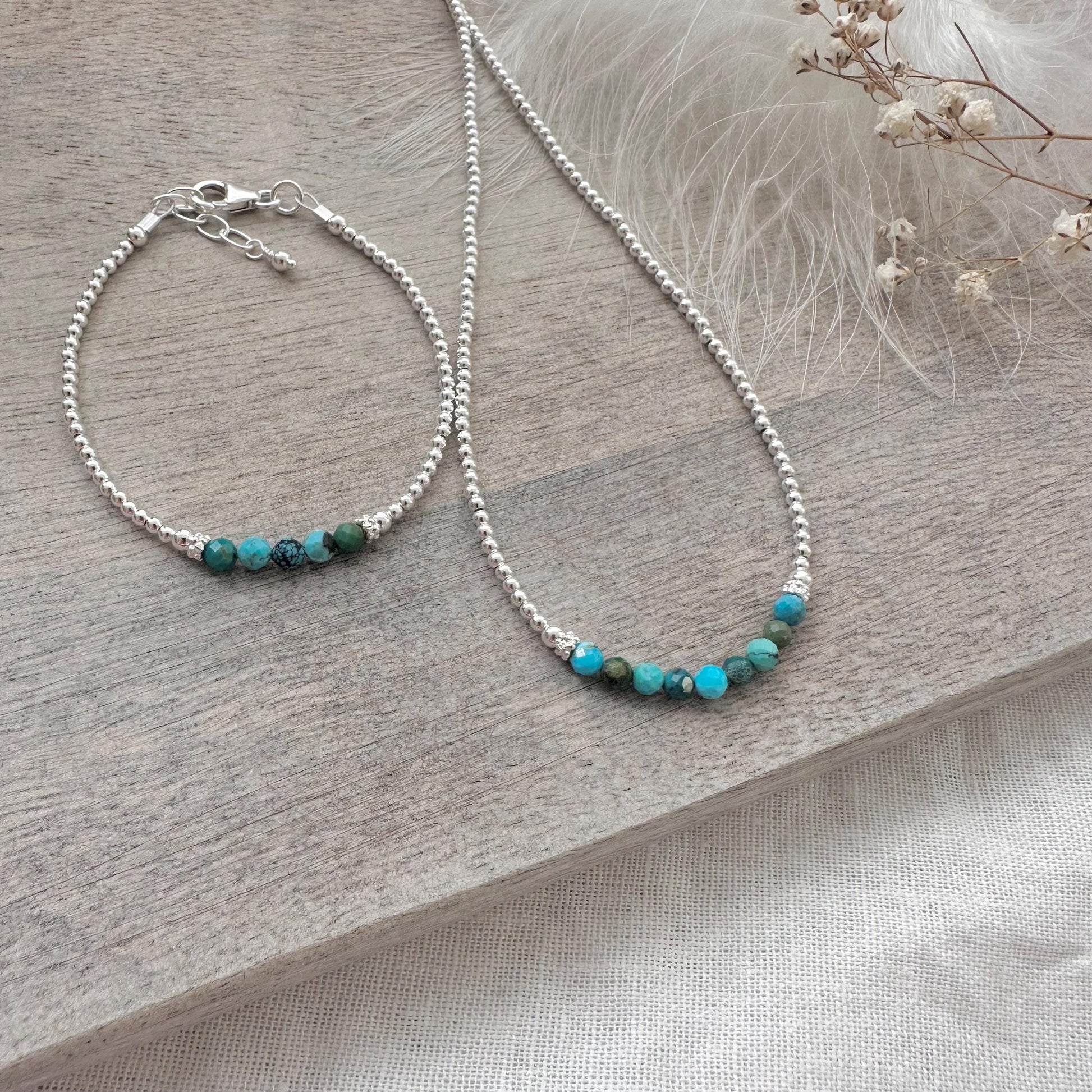 Birthstone Bead Bracelet & Necklace Set in Sterling Silver, Jewellery Set for women for birthday gift