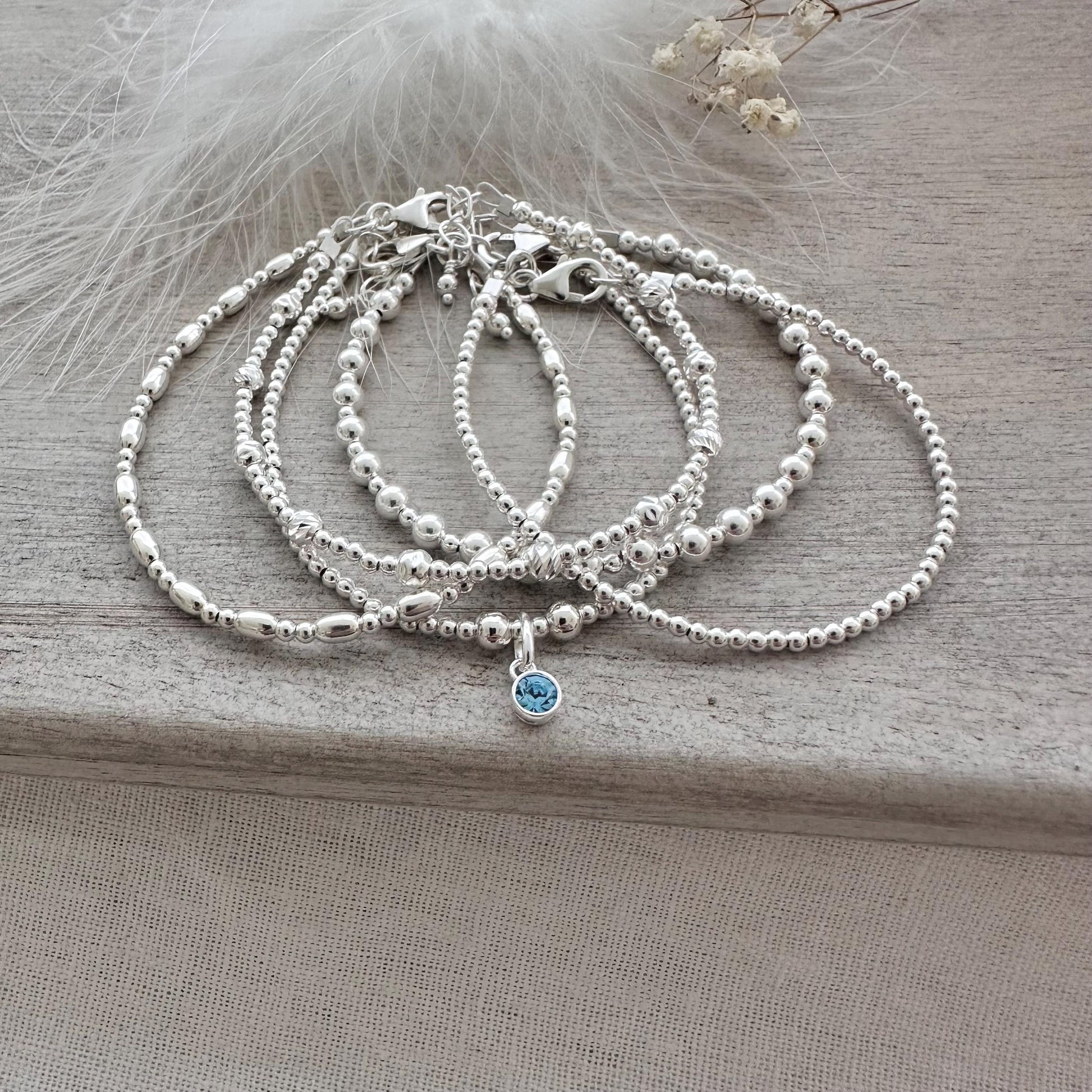 Birthstone Bracelets Stack Set in Sterling Silver, 5 Layering Bracelet Set Birthday gift for daughter