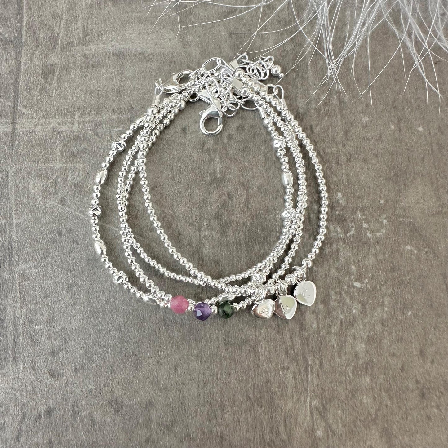 Family Birthstone & Initial Layering Bracelet Set, Dainty Family Jewellery