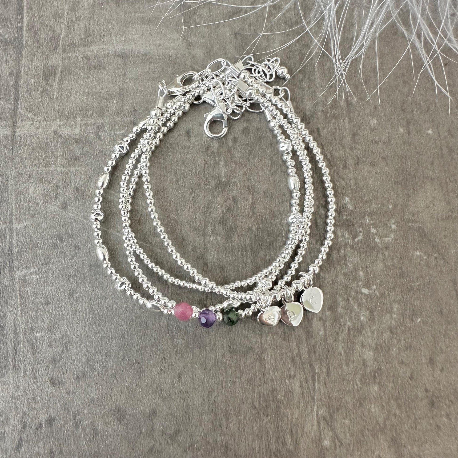 Family Birthstone & Initial Layering Bracelet Set, Dainty Family Jewellery