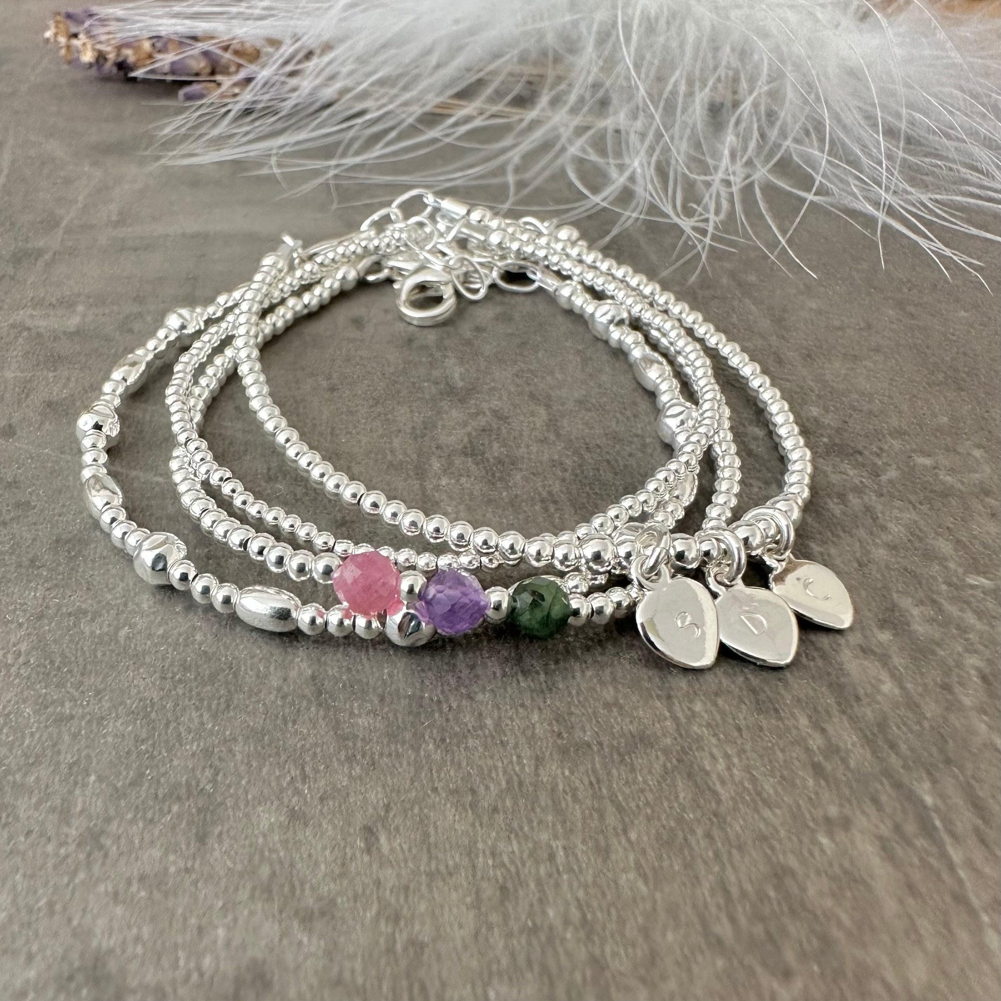 Family Birthstone & Initial Layering Bracelet Set, Dainty Family Jewellery