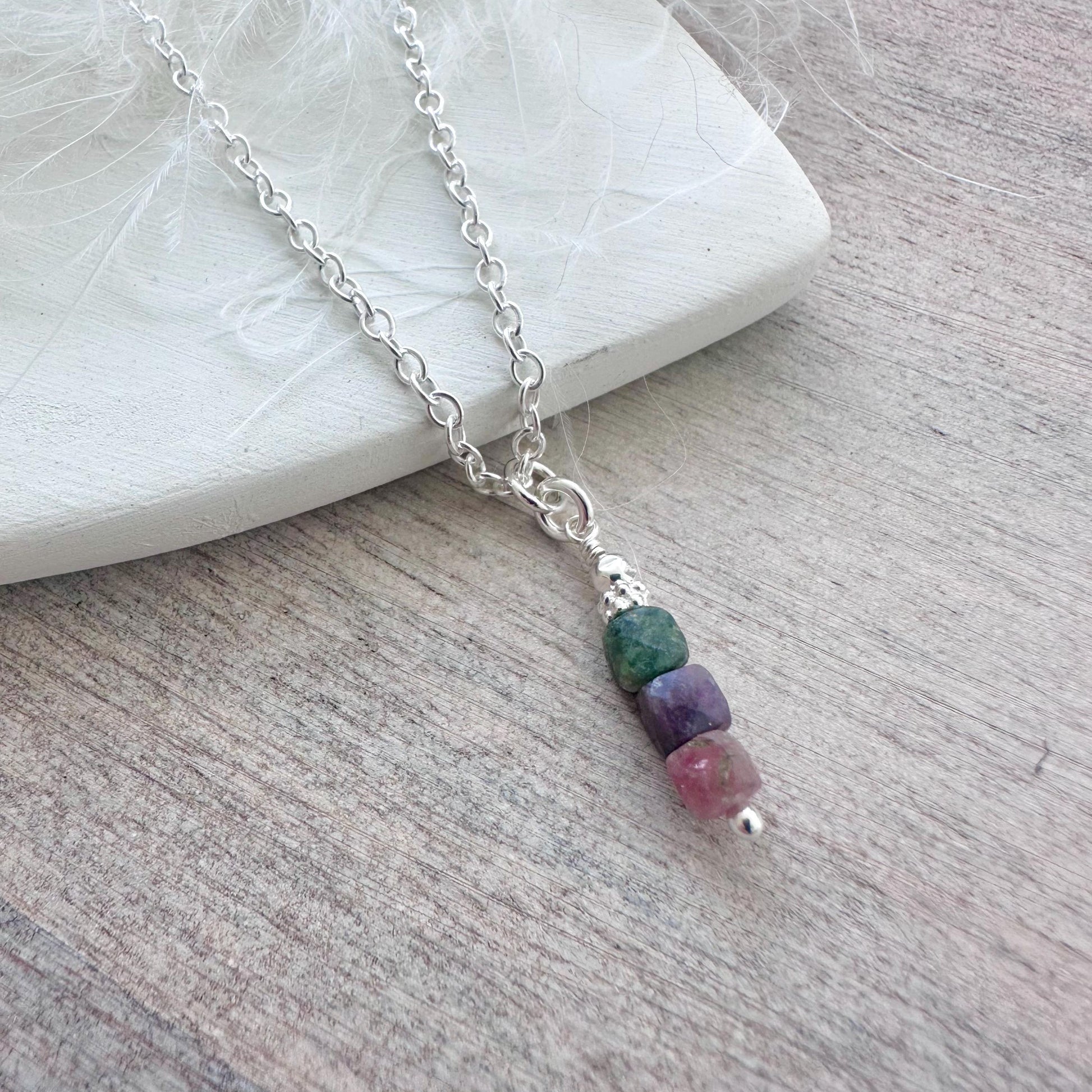 Dainty Tourmaline cube chain necklace, October birthstone jewellery sterling silver