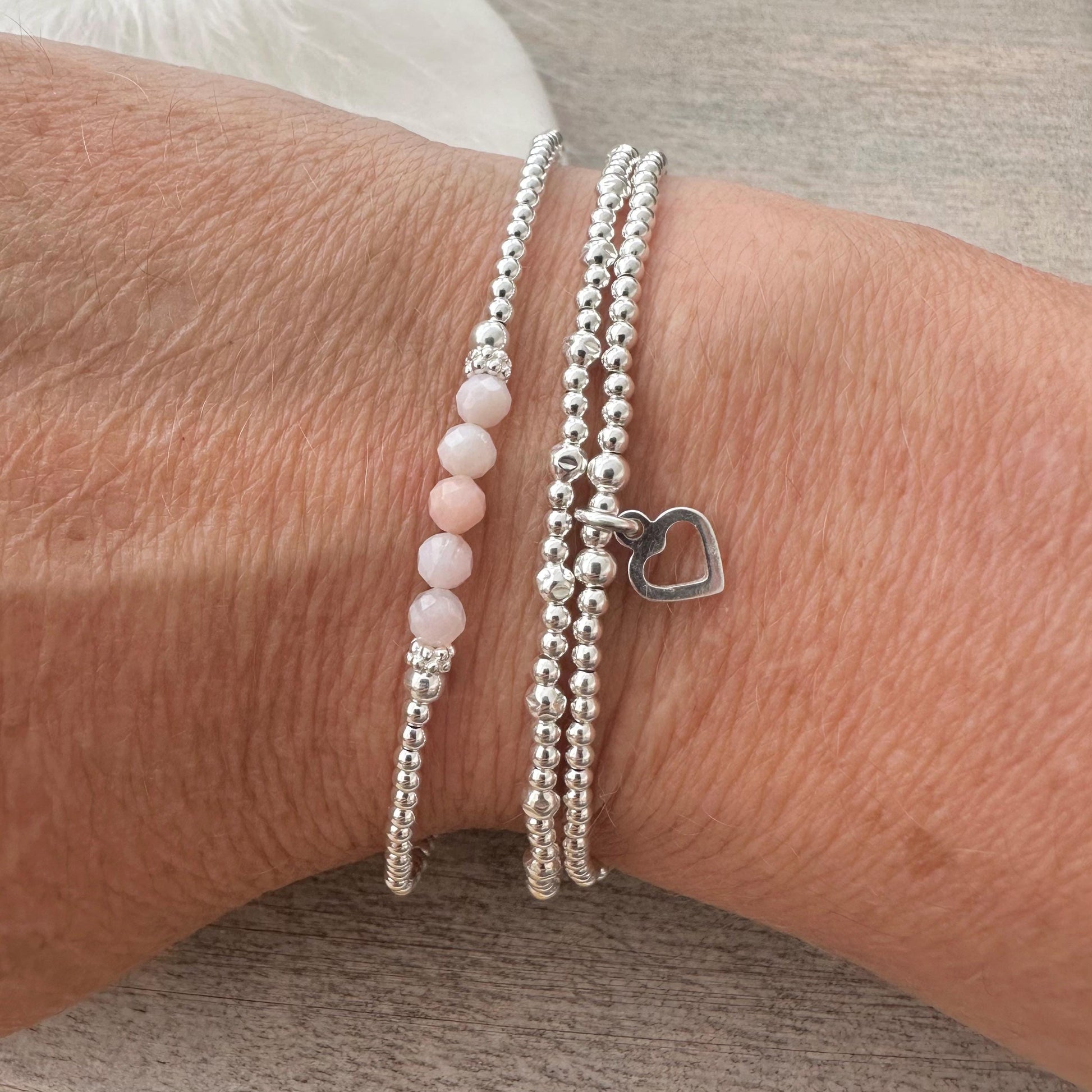 October Birthstone Pink Opal Bracelet Set, Dainty Sterling Silver Stacking Bracelets for Women