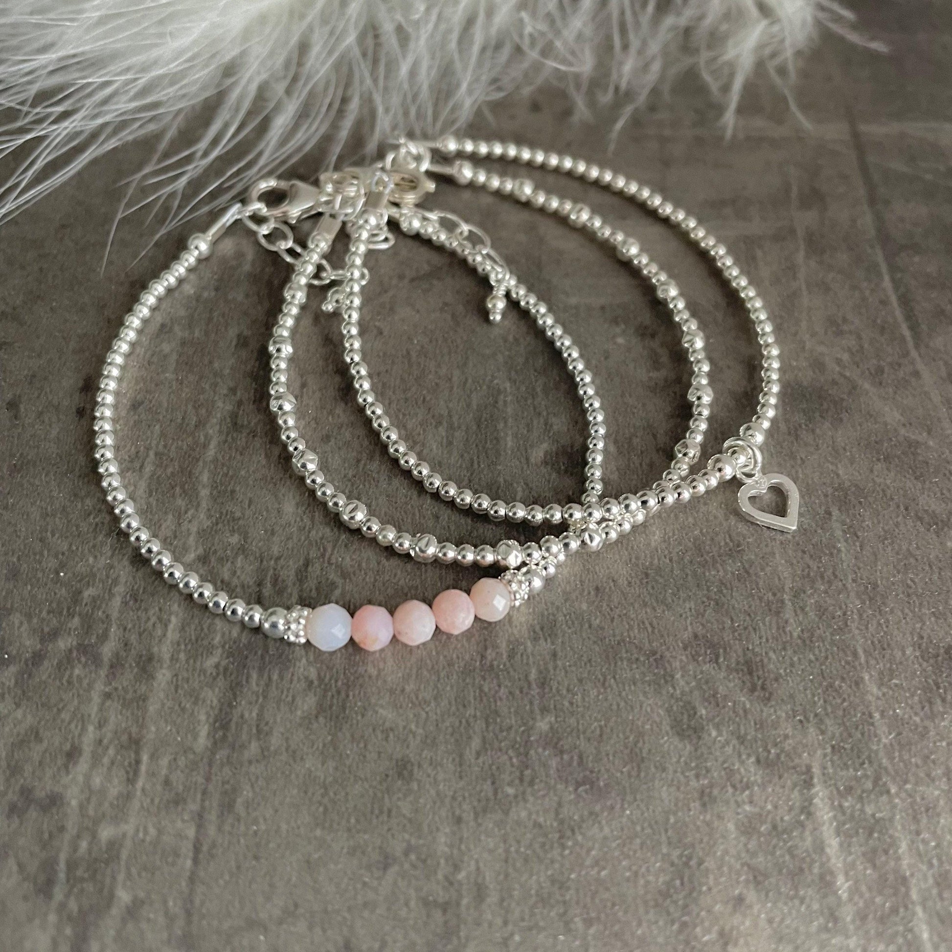 October Birthstone Pink Opal Bracelet Set, Dainty Sterling Silver Stacking Bracelets for Women