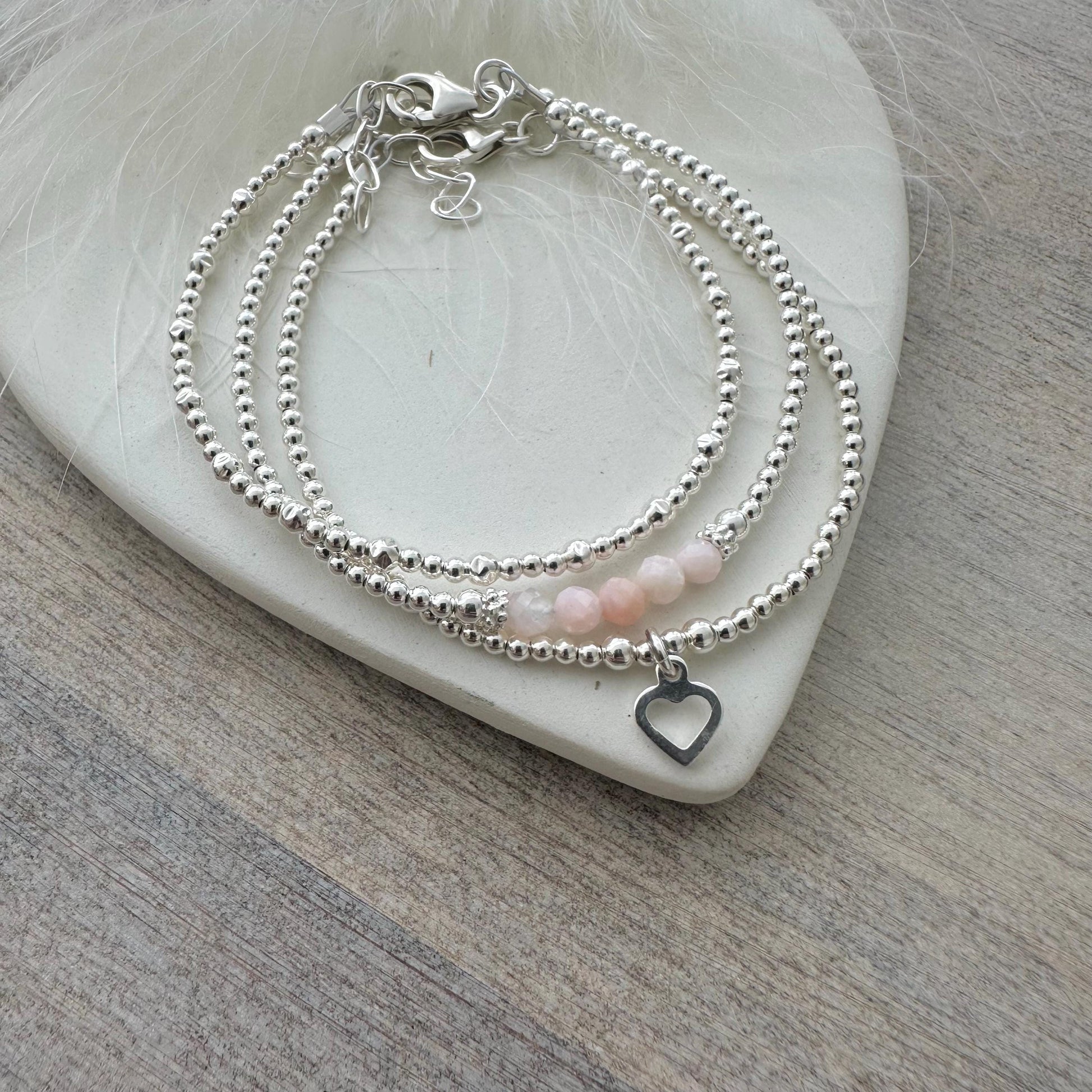 October Birthstone Pink Opal Bracelet Set, Dainty Sterling Silver Stacking Bracelets for Women