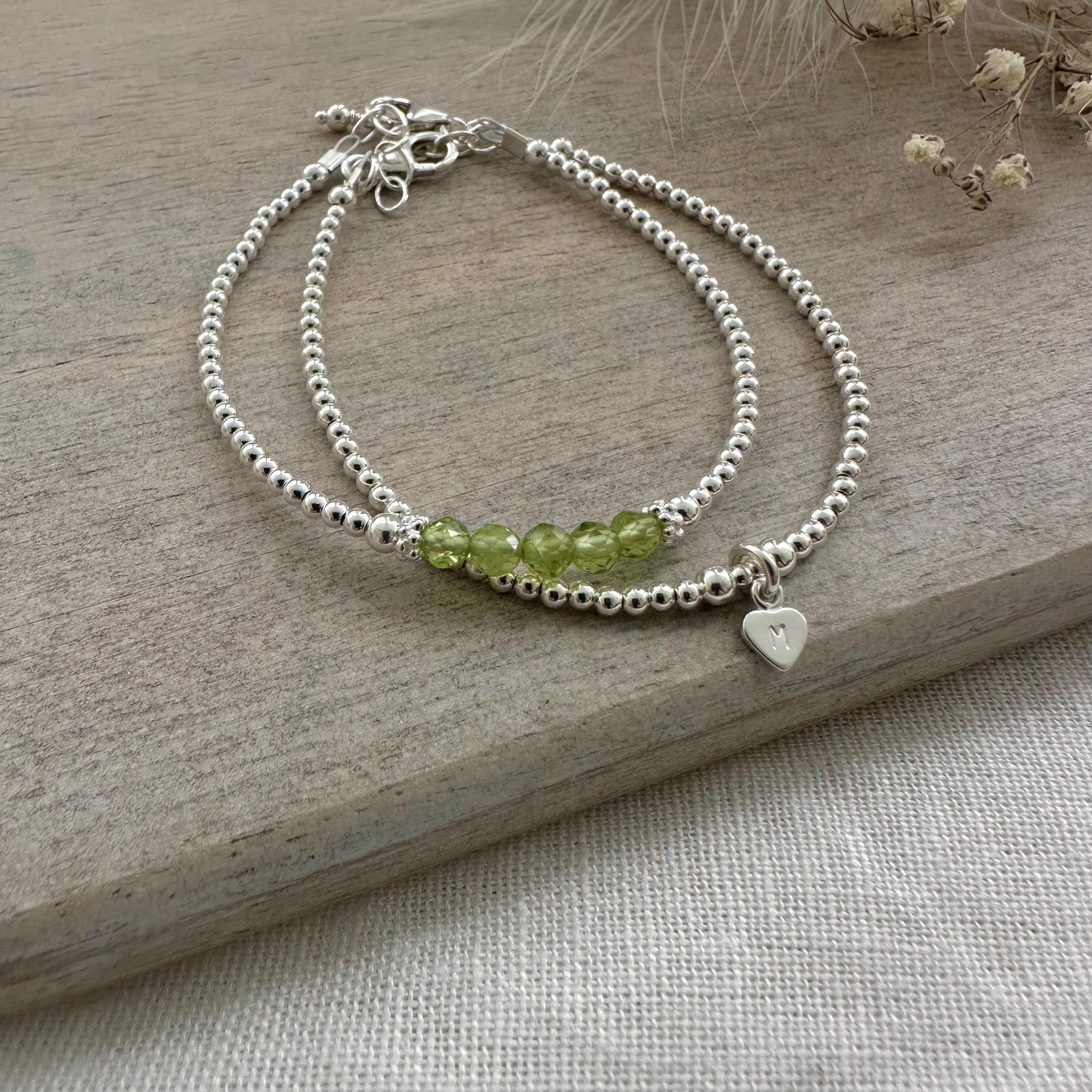 Personalised Peridot Bracelet Set, August Birthstone Jewellery, Initial Bracelets