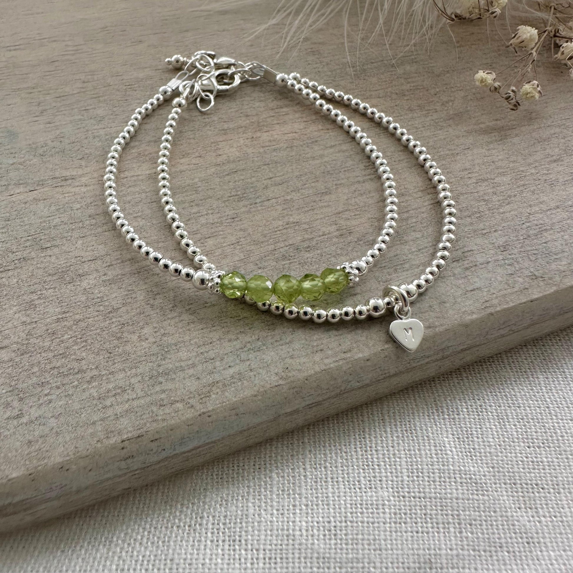Personalised Peridot Bracelet Set, August Birthstone Jewellery, Initial Bracelets