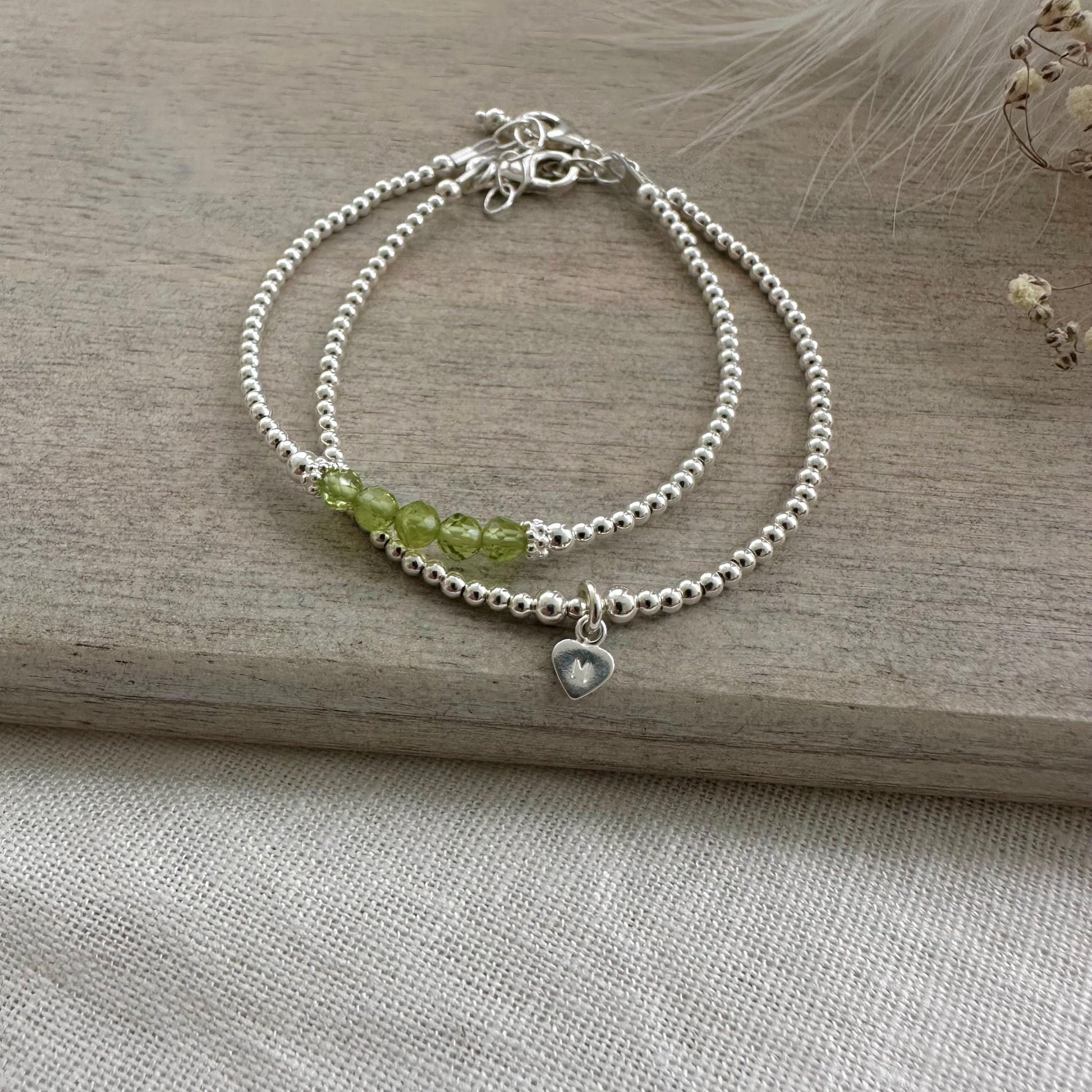 Personalised Peridot Bracelet Set, August Birthstone Jewellery, Initial Bracelets
