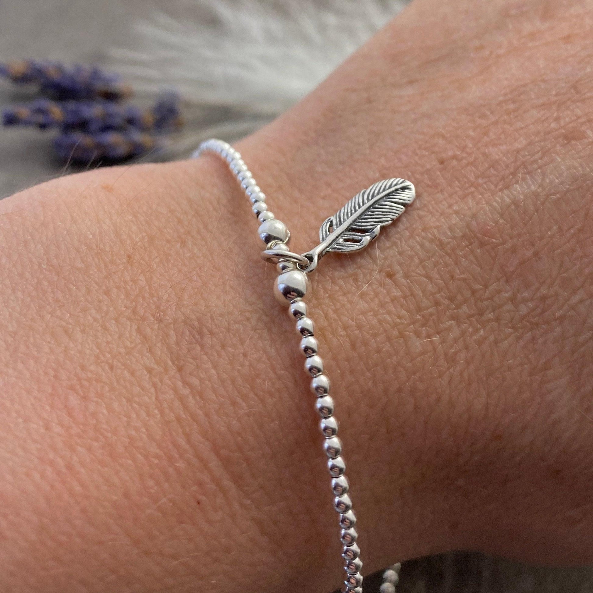 Dainty Silver Feather Bracelet, Sterling Silver Charm Bracelet with Feather
