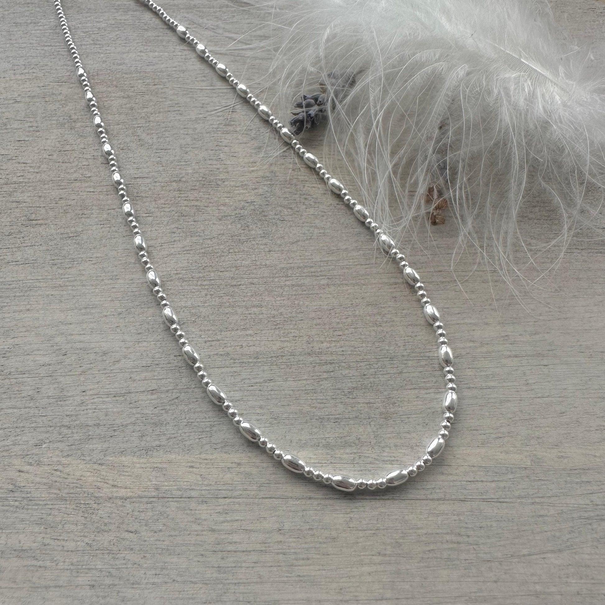 Thin Sterling Silver Oval Beaded Necklace, dainty necklace